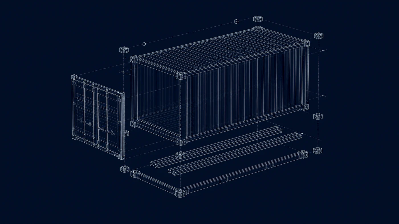 Exploded wireframe study of a shipping container