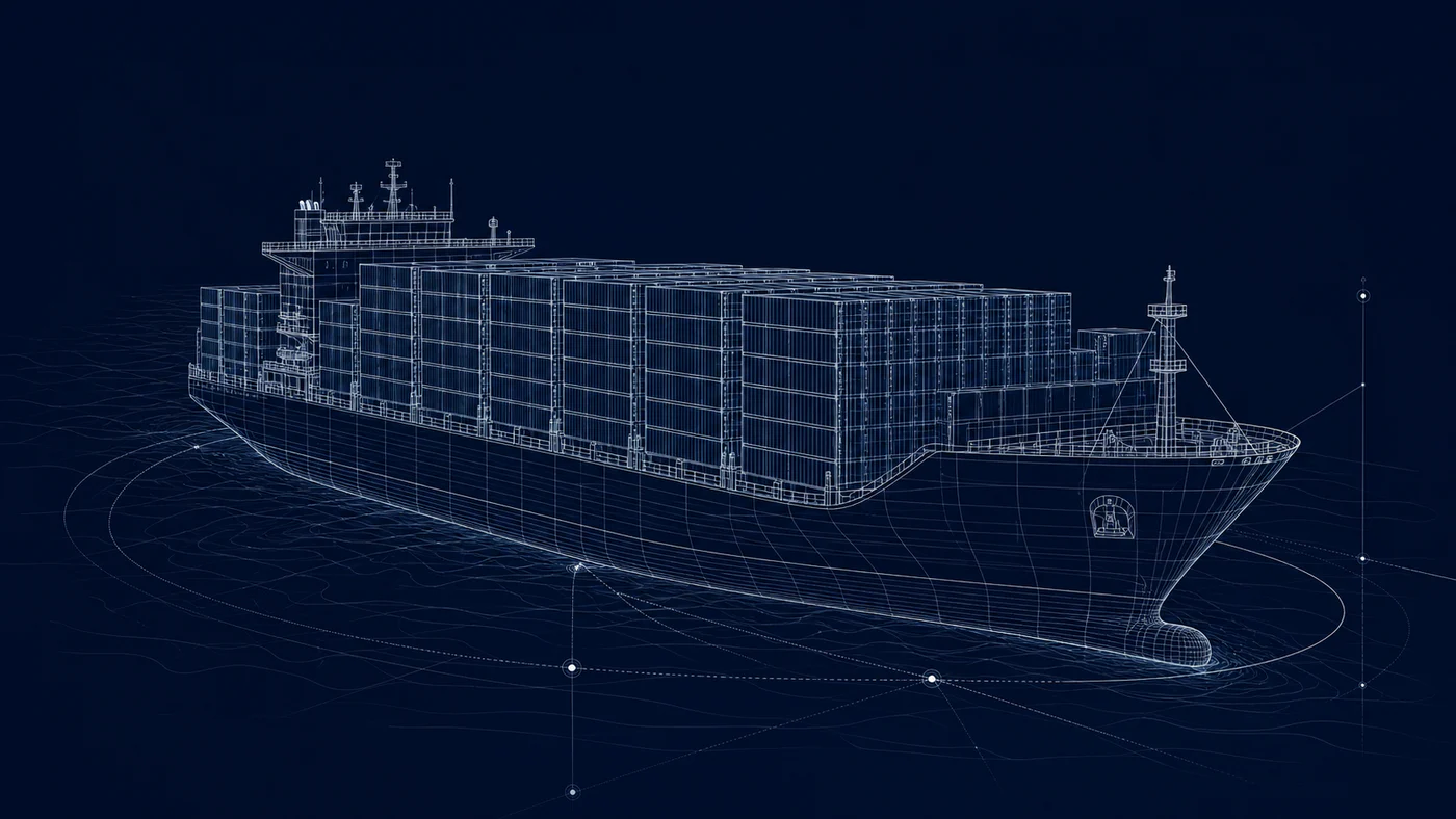 Technical wireframe study of a container vessel